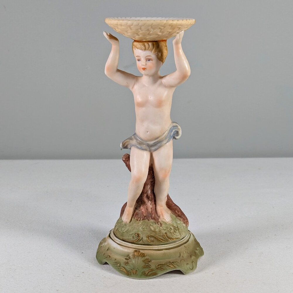 AS IS Victorian German Dresden Cupid Cherub Putti bisque porcelain candle holder
